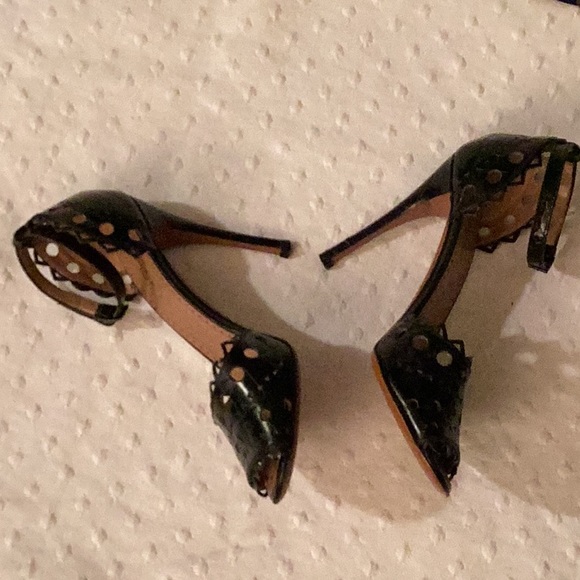 Alaina Paris black laser cut stiletto heels ankle straps leather sandals #37/7 M - Picture 8 of 11